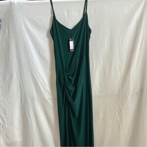 Pretty Little Thing Slinky Green Maxi Dress with high slit.